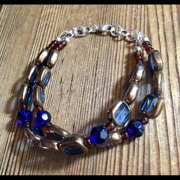 Ladies Double Strand Dark Blue Beaded Bracelet, Handmade Ladies Bracelet - Picture 4 of 6